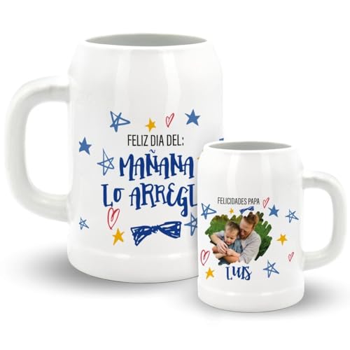 DEREGALOOS Jarra de Cerveza de Cerámica Personalizada con nombre. Jarras de cerveza originales para padres. Regalo Original día del Padre. (Mañana lo arreglo)