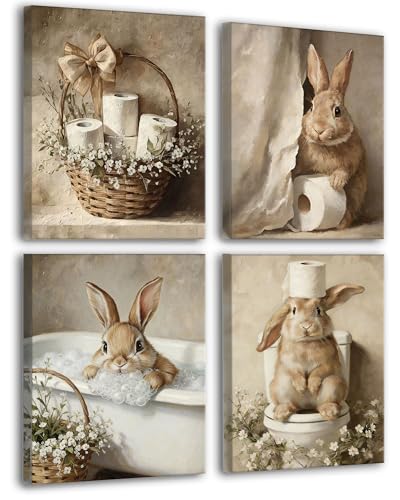 Image of Frimeeme Framed Cute Bunny Bathroom Canvas Wall Art