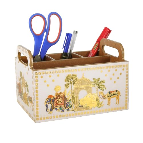 Image of Multipurpose MDF Wooden Cutlery Holder| Enamel Coated |Waterproof Spoon Stand with 4 Compartments for Kitchen, Dining Table & Home Decor (Royal Camel)