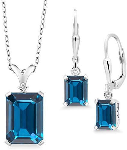 Gem Stone King 925 Sterling Silver London Blue Topaz Pendant Earrings Set For Women (13.49 Cttw, Gemstone Birthstone, Emerald Cut with 18 Inch Chain)