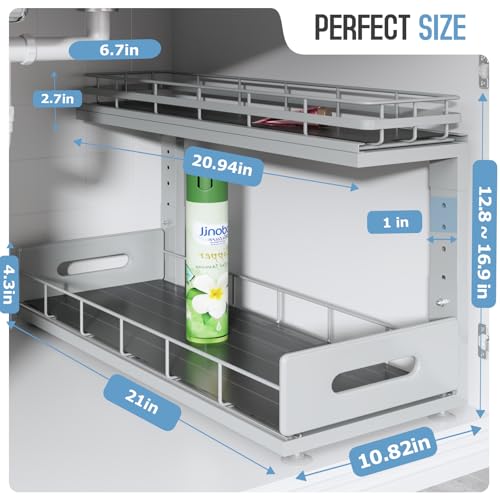 Image of Under Sink Organizer Upgrade To Professional Rails,2-Tier Dual Pull Out Cabinet Storage,Height Adjustable Slide Out Drawers For Bathroom Kitchen,2 Pack-21 inchDx12.8 inch-16.9 inchH,Gun Gray