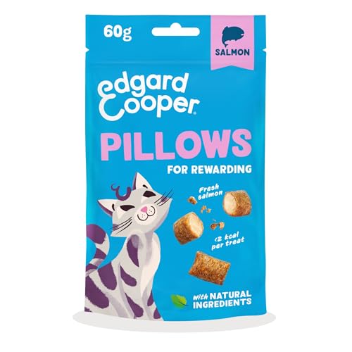 Edgard & Cooper snack naturali per gatti, Pillows al salmone (1 x 60 g), ricchi di carne fresca, senza cereali, meno di 2 kcal per snack, ingredienti naturali e senza zuccheri aggiunti.