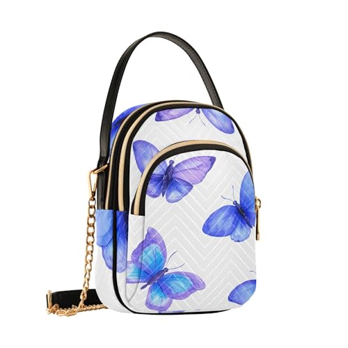 Watercolor Blue Purple Butterflies White White Women Single Shoulder Purse Phone Wallet Chain Strap Purse Floral Print Zipper Lady Crossbody Bag, 5.9" × 8.3" × 3.1"2