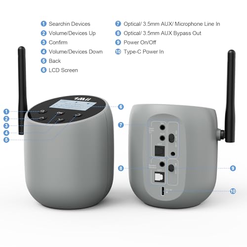 1Mii DS70 Audio Bluetooth Transmitter for TV to Wireless Headphone/Speaker, aptX AD/HD/LL/aptX/SBC, Optical/AUX/RCA Jacks and Mic in, Dual Device Connection, Long Range, Compatible with 99% of TVs