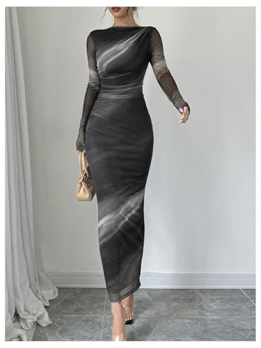 Image of Milumia Women's Tie Dye Boat Neck Long Sleeve Fall Dress Ruched Bodycon Maxi Slimming Dresses Cocktail Party