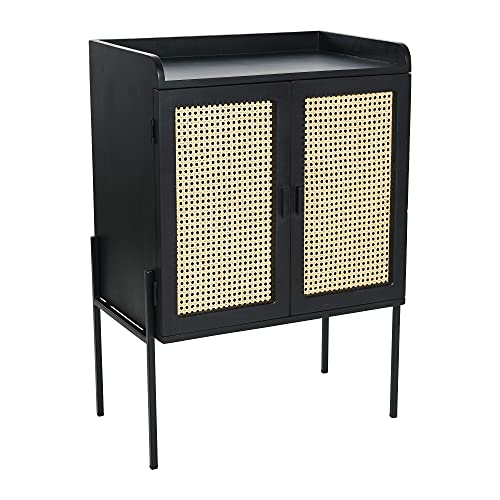 Creative Co-Op Metal & Mango Wood Natural Woven Cane Details Bar Cabinet, Black Finish