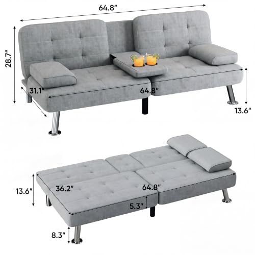 Image of Flamaker Futon Sofa Bed, Modern Linen Convertible Folding Futon Set