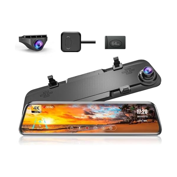 JOMISE 4K 12″ Rear View Mirror Camera, 2160P Full HD Rearview Mirror, Mirror Dash Cam Front and Rear, Waterproof Backup WDR Camera, Night Vision, Parking Assist, Speed Alert, 64GB Card Included- K17