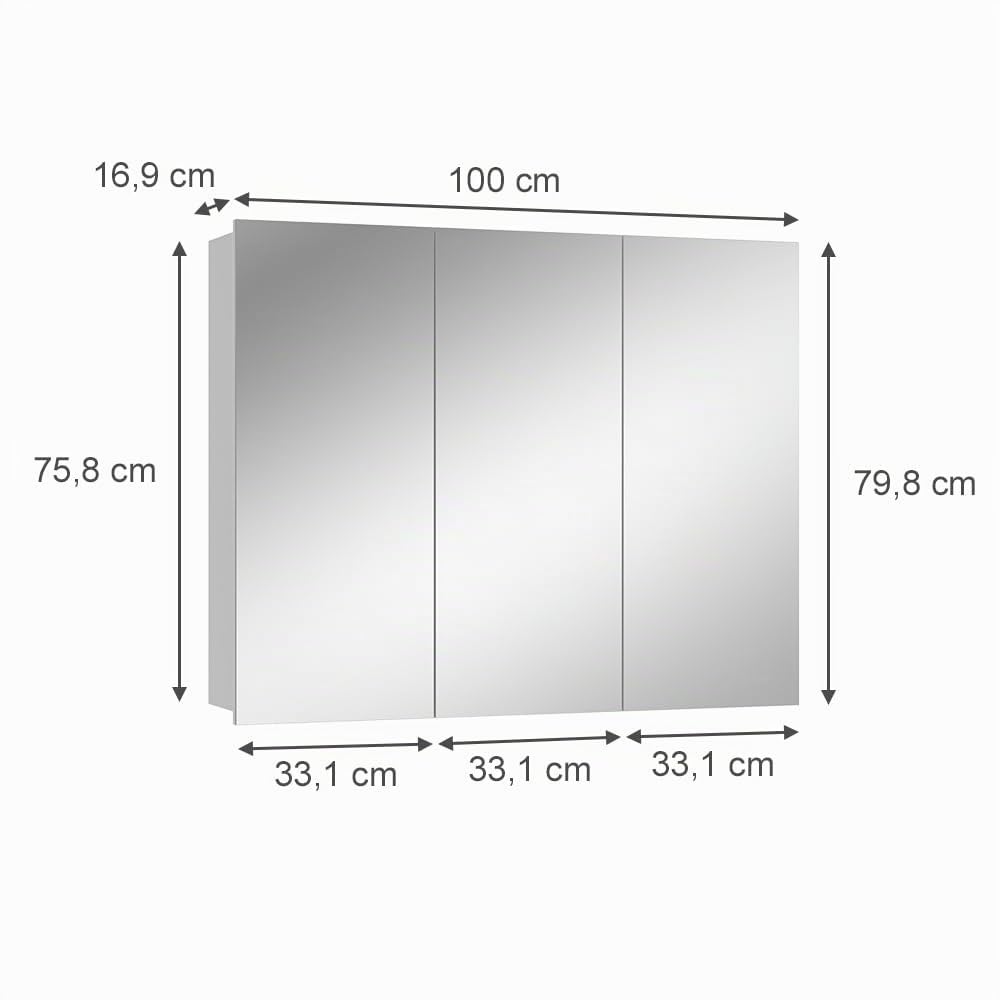 Vicco Armario con Espejo para baño Sola, Blanco, 100 x 79.8 cm con 3 Puertas, Apto para Montaje en Pared para Espacio de Almacenamiento Adicional