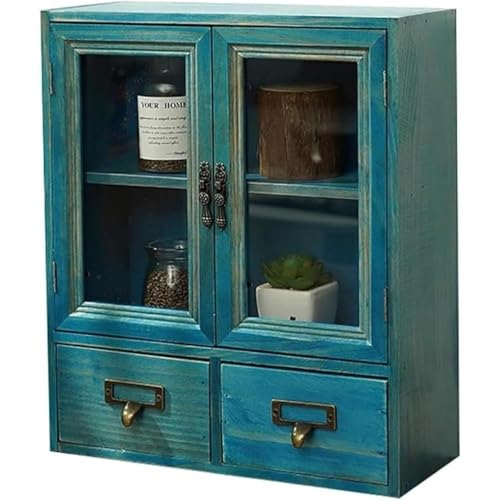 AKILER収納ボックスアンティーク調木製引き出し付き卓上ケース小物入れ両開きドアオフィス収納雑貨整理壁掛け可能ナチュラルリビング寝室書斎おしゃれオーガナイザー (32*13*32cm,ブルー)