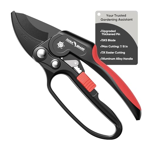 FLORA GUARD Ratchet Pruning Shears for Seniors & Arthritic Hands Heavy Duty Garden Clippers with SK5 Steel Blade 3-Step Ratcheting Pruners for Thick Branches Easy Cutting up to 7/8 Inch