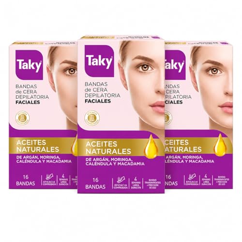 Taky Bandas de Cera Depilatoria Faciales Aceites Naturales Pack de 3 x 16 Bandas + 6 Toallitas Post Depilación, con Argán, Moringa, Caléndula y Macadamia