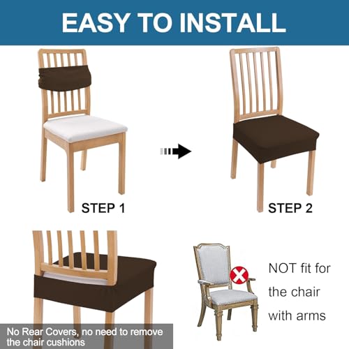 Image of Smiry Waterproof Seat Covers for Dining Room Chairs, No Rear Covers | Stretch Jacquard Removable Washable Chair Seat Slipcovers Protector, Set of 4, Brown