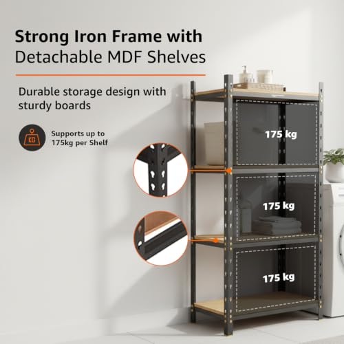 Image of Amazon Basics 4-Tier Storage Rack | Bolt-Free Assembly | Metal Stand & Thick MDF Board | 175kg Capacity Per Shelf | 54H x 24W x 12D inch Adjustable Shelf Rack for Home, Garage & Shop | Black