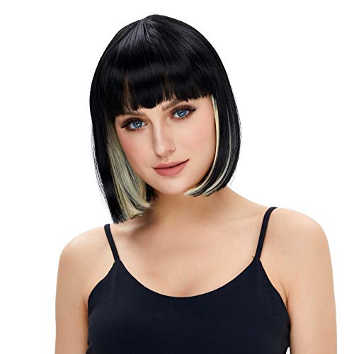 STfantasy Bob Wigs for Women Black and Blonde Short Wig with Bangs Straight Shoulder Length Synthetic Hair for Daily Wig Cap