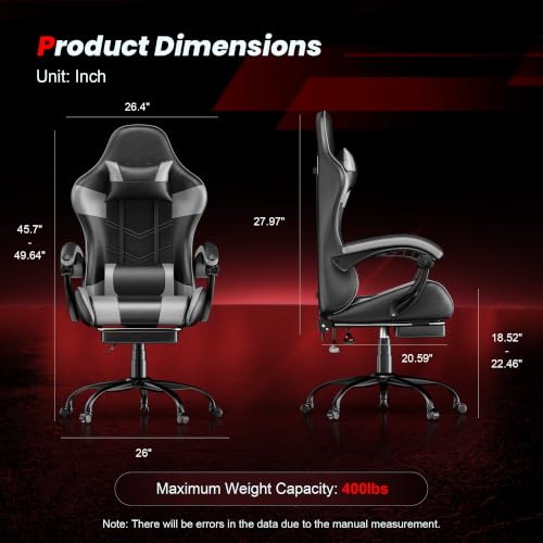 Image of Gaming Chair with Footrest, Ergonomic Video Game Chair with Headrest and Lumbar Support, 400 lbs Adult Chair, Height Adjustable 360 Swivel High Back Reclining Computer Chair for Home Office (Grey)