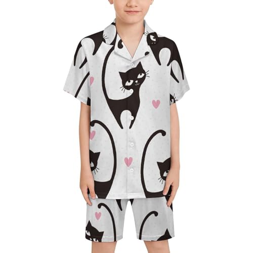 Love Black CatChildren's Pajama Sets, Button Down Collar, Two Piece Pajama Sets6-7Y