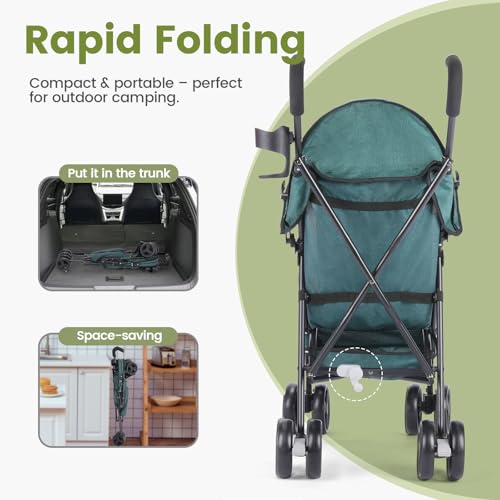 Image of One-Handed Folding Lightweight Stroller, Large Storage Basket, Canopy, Cup Holder, Compact Umbrella Stroller Durable Frame, 3-36M Travel Stroller for Airplane Ultra Overhead Friendly (Dark Green)
