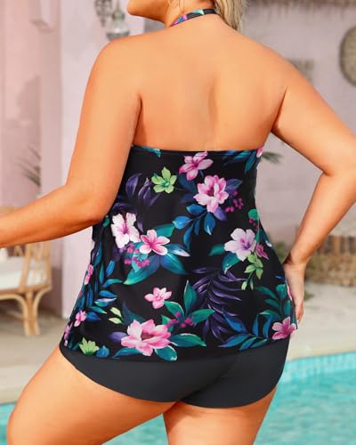 Image of Plus Size Bandeau Tankini 2 Piece Halter Swimsuit with Shorts | Flyaway,Quick Dry,Strapless,Removable Cups,High Waisted Short