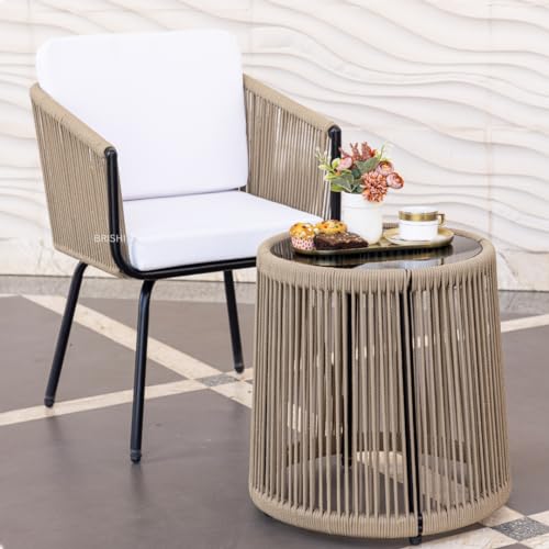 Image of BRISHI Garden Patio Seating Chair and Table Set Outdoor Balcony Garden Coffee Table Set Furniture with 1 Table and 2 Chairs Set with Cushion Braid & Rope (BRISHI 124 Beige)