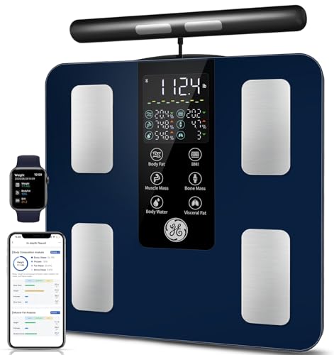 GE Smart Scale for Body Weight: 8-Electrode Digital Bathroom Scale for Weight Fat BMI Muscle Mass Full Body Composition Analyzer 50 Measurements Bluetooth Highly Accurate Weighing Machine 400lb Blue