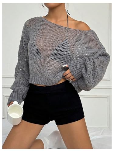 Image of SweatyRocks Women's Hollow Out Loose Sweater Lightweight Sheer Long Sleeve Pullover Sweater Grey Medium