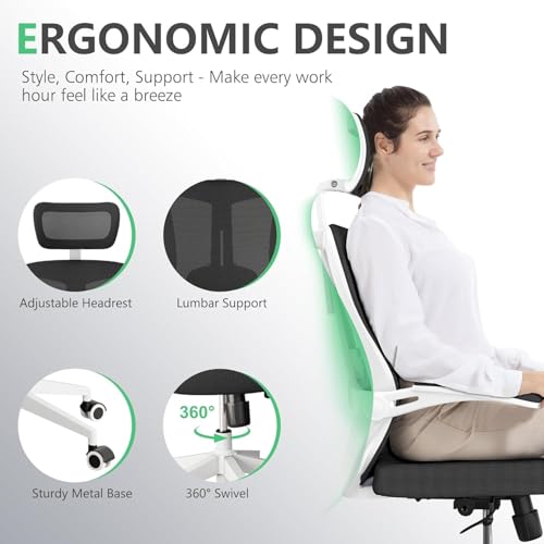 Image of Office Chair (07White-Black, Chair) | 360 Swivel Adjustable Lumbar Support & Flip-Up Armrests capacity 300 lbs capacity