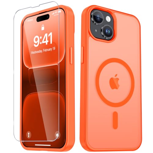 Image of YENAPOON for iPhone 15 Plus Case, iPhone 14 Plus Case, Matte Magnetic Phone Cover with 1 Screen Protector [Support for MagSafe] [Shockproof Military Grade Protection] Translucent Frosted Back, Orange