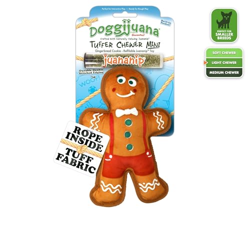 Image of Doggijuana Tuffer Chewer Dog Toy, Gingerbread | Holiday Plush, Squeaky | Squeaky plush dog toy with calming Juananip catnip inside; eases anxiety, stress & boredom; durable interactive chew toy