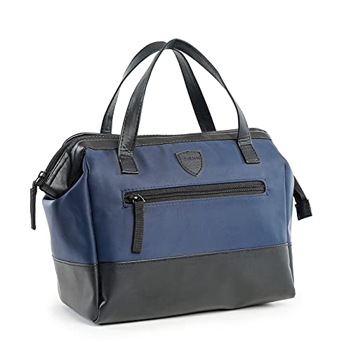 ENSULATOR Lunch Bag 2021 Insulated Wide Open Drink Holder | Durable Silk Touch Polyester & Leather Snacks Organizer with Bottle & Spoon Holders for Women Men Work Picnic Hiking | Blue & Black