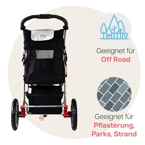 Innopet Hundebuggy Comfort EFA Eco Schwarz/Silber – faltbarer Hundewagen, Katzenwagen für Gelände & Strand – pannensichere 30cm Räder, recycelter Nylonstoff