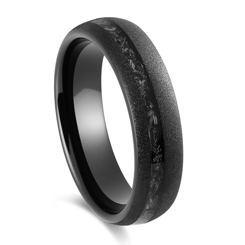 Men's Wedding Ring 6mm Black Sandblasted Tungsten Meteorite Inlay – Comfort Fit Mens Wedding Band with Antique Wooden Ring Box