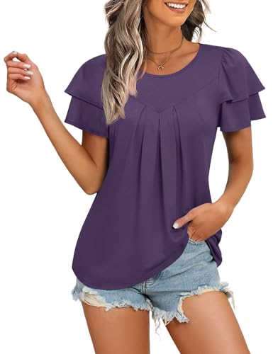 KTILG Women's Summer Tops Ruffle Short Sleeve T Shirts Crewneck Pleated Front Blouse Casual2