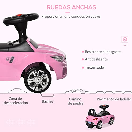 HOMCOM Coche Correpasillos para Niños de 18-36 Meses con Faros Música Bocina Volante Espacio de Almacenaje y Asa para Empujar 63,5x28x36 cm Rosa