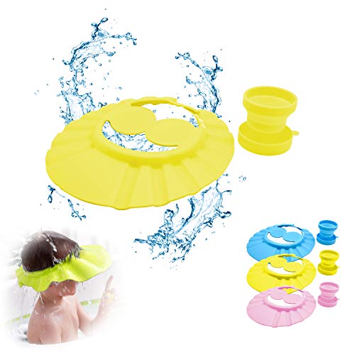 doccia cap per bambino, cappello da doccia per bambini, sicurezza cappello da bathing, cuffia da doccia regolabile, con bicchiere pieghevole (2 pezzi-giallo)