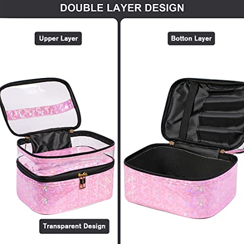 FITINI Makeup Bags Double Layer Travel Storage Cosmetic Cases Make-up Organizer Toiletry Bags Water-resistant for Women Makeup Brush Bag,Light Pink Holographic3