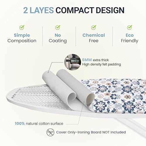 Image of Ironing Board Cover and Pad 15 inchx54 inch Extra Thick Natural Cotton, Scorch and Stain Resistant Padding, Standard Size Iron Board Cover with Fasteners Heavy Duty Elastic Edge, Heatproof Floral