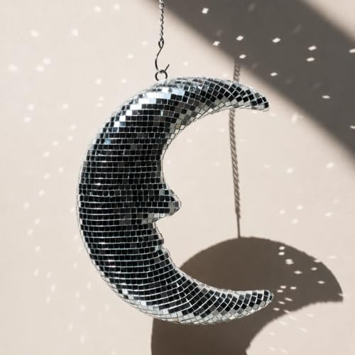 Image of Disco Ball Moon Decor 8.6'' Silver Crescent Hanging Ornament with Chain | Reflective Disco Moon with Metal Chain and Hook, Crescent Decor for Wall, Window Hanging , Bedroom, Bar, and Holiday Decor