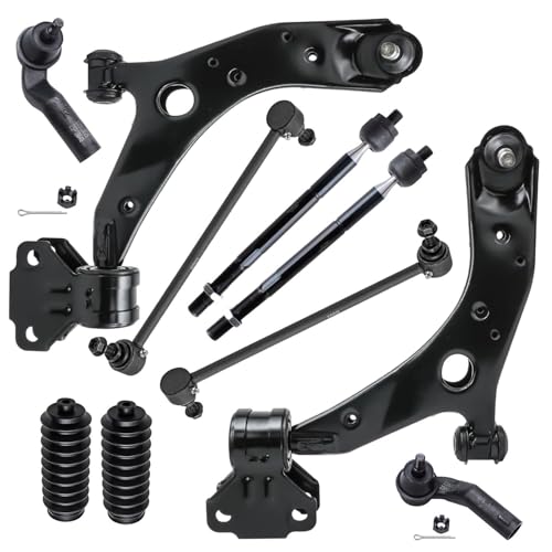 Image of Detroit Axle - 10pc Front End Control Arms Kit for 2010-2013 Mazda 3 Sport, 2 Lower Control Arms with Ball Joints Assembly 2 Sway Bar Links 4 Inner Outer Tie Rods 2 Boots 2011 2012 Replacement