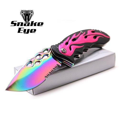 Snake Eye Tactical Action Assisted Flames Biker Design Knife with Titanium Rainbow Coated Blade Partially Serrated 4.5" Closed Se-939pk - Snake Eye Tactical