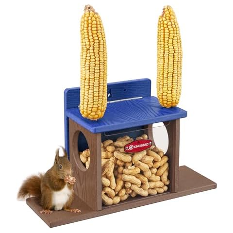 Kingsyard Squirrel Feeder Box for Outside, Recycled Plastic Squirrel Feeder Box with Corn Cob Holders, Easy to Refill & Clean, Weather-Proof Roof, Squirrel & Chipmunk Gift (Blue) Cover