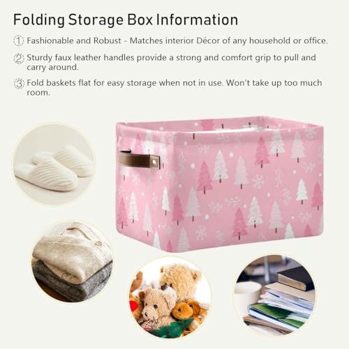 Image of Christmas Tree Pink Storage Basket Fabric Kitchen Baskets Winter Snowflake Xmas Decorations Open Home Storage Bins Boxes Foldable Organizer Bag for Toy Book Shelf Closet Baskets 16x12x8 Inches 2 Pack
