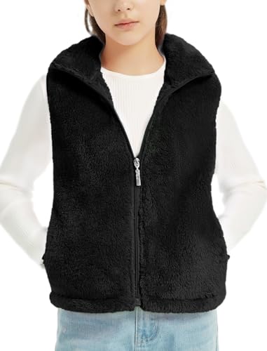 EXARUS Girls Fleece Vest Stand Collar Sleeveless Lightweight Soft Zipper with Pockets Outwear Winter Thermal 6-12Y