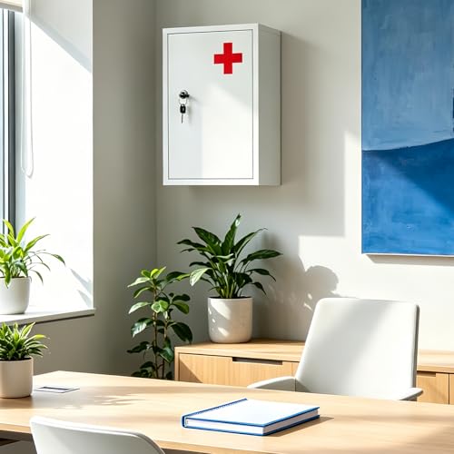 Botiquín de pared con cierre y llave, caja organizadora para primeros auxilios y medicamentos, almacenamiento médico seguro en acero para hogar y escuela miniatura 2