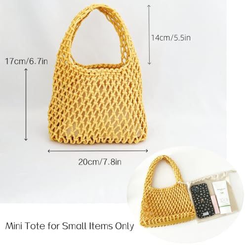 Image of Mini Clutch Handbag Fishing Net Bucket Bag Cotton Rope Crochet Drawstring Woven Beach Bag Small Tote for Women Girls