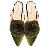 Emiwey Women's Backless Comfort Slip On Loafers Flats Cute Pom Pom Mule Slippers Casual Shoes Green