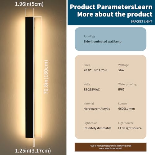 Image of 2 Pack 71inch Modern Outdoor Wall Light, 3000K-6000K Dimmable Outside Wall Sconce, Black Exterior Lighting Fixture, IP65 Waterproof Linear Long Garage Lights for Porch Patio Garden with Remote Control