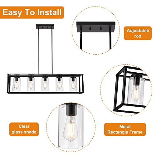 Image of Farmhouse Chandeliers Rectangle Black 5 Light Dining Room Lighting Fixtures Hanging, Kitchen Island Cage Pendant Lights Contemporary Modern Ceiling Light with Glass Shade Adjustable Rods