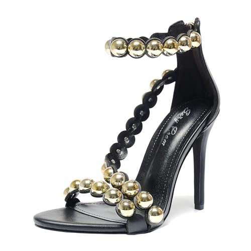 Women's 4.3IN Stiletto Open-Toe Sandals Beaded Ankle Strap & Zip Closure Nightclub Party Wedding Heels Shoes