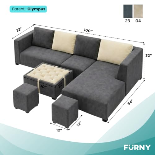 Image of FURNY Olympus 8 Seater RHS L Shape Sofa Set | Plush Velvet Suede Fabric | Modern Design | Soft Comfort Dual Color Cushions for Living Room, Office & Hotels (Dark Grey-Cream)